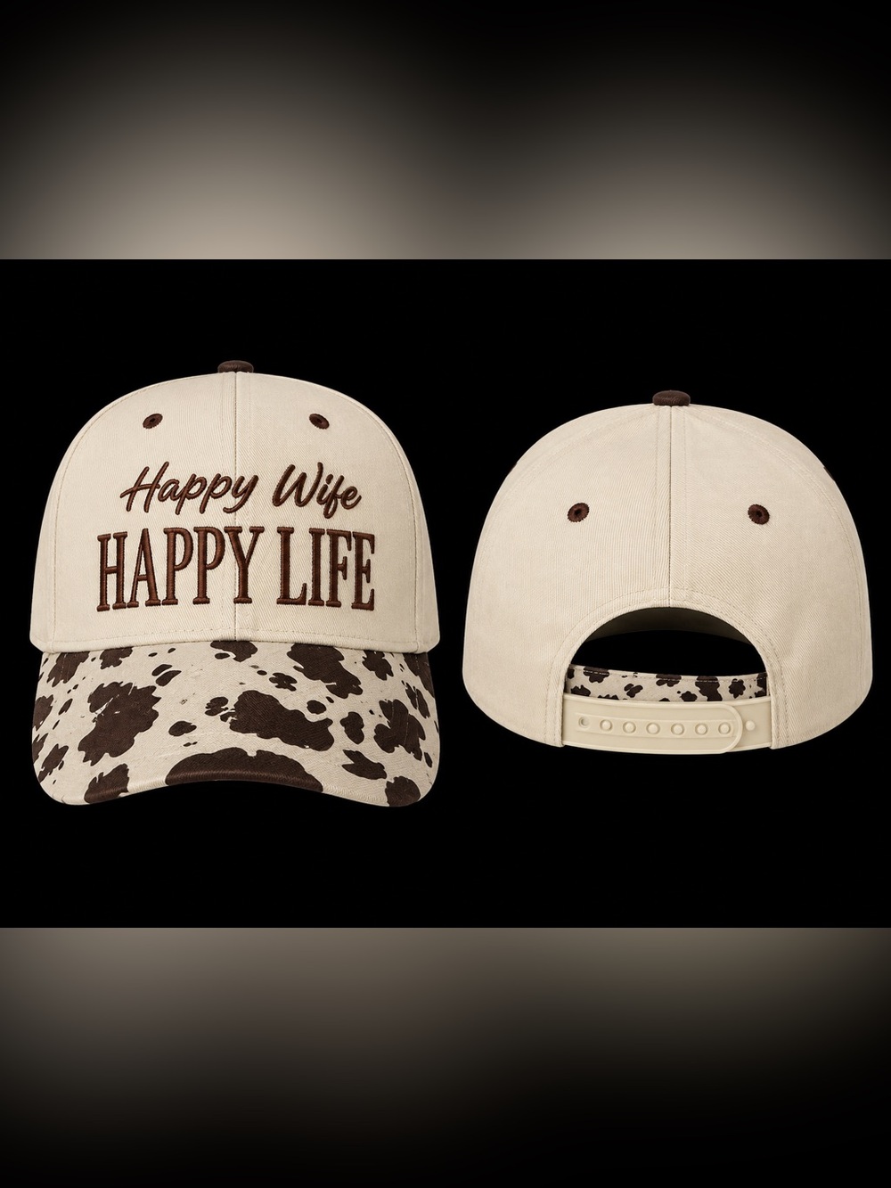 🆕 Happy Wife Happy Life Cow Print Trucker Hat Cream Brown Adjustable - Picture 2 of 2